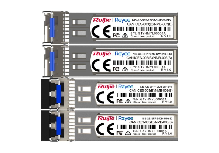 Ảnh chung dòng NIS-GE-SFP trong datasheet Ruijie Reyee, bốn module xếp chồng