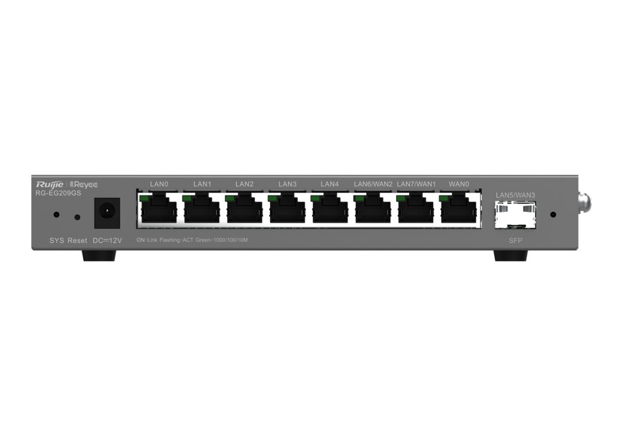 Router Ruijie RG-EG209GS nhìn thẳng mặt trước, 8 cổng RJ45 và 1 cổng SFP theo datasheet
