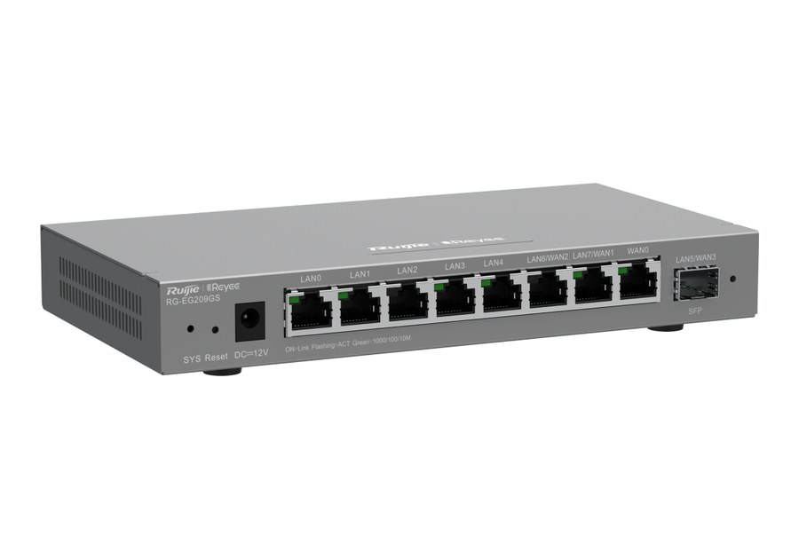 RG-EG209GS nhìn nghiêng từ bên trái, router 9 cổng gigabit để bàn