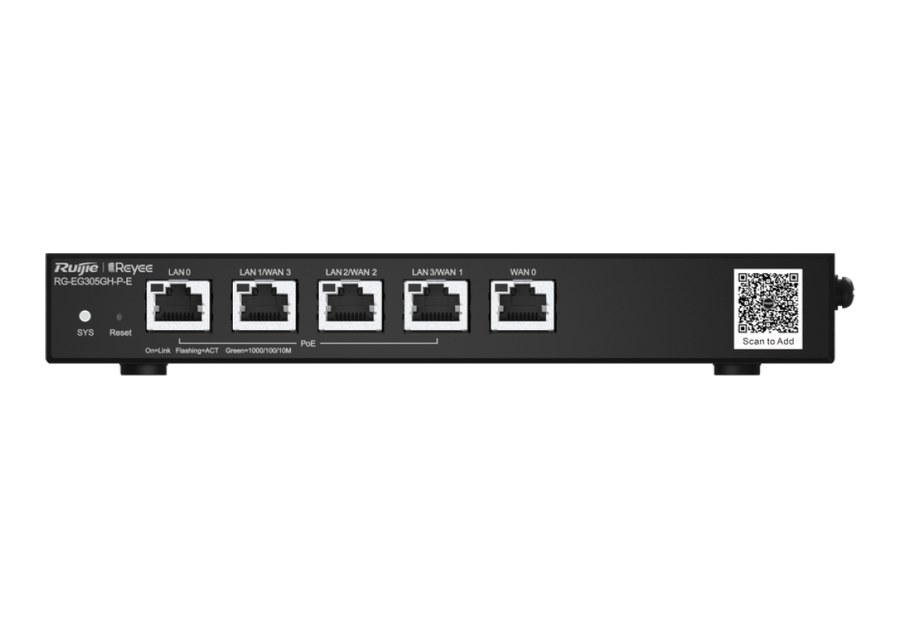 Router Ruijie RG-EG305GH-P-E nhìn thẳng mặt trước, 5 cổng 10/100/1000BASE-T