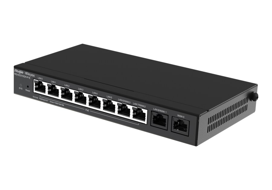 RG-EG310GH-P-E nhìn nghiêng bên trái, router đặt bàn dùng adapter nguồn DC