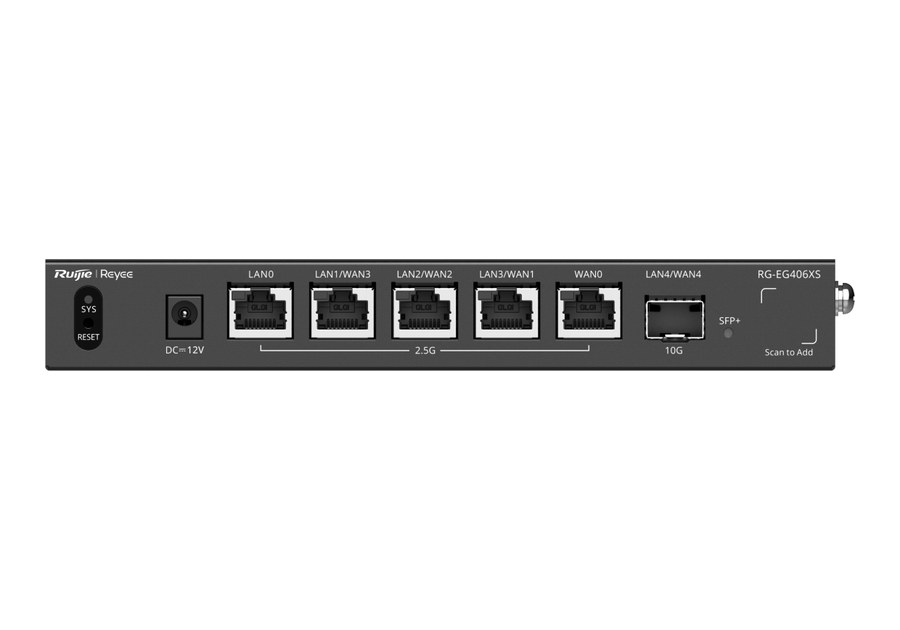 Router Ruijie RG-EG406XS nhìn thẳng mặt trước, 5 cổng 2.5G và 1 cổng 10GE SFP+