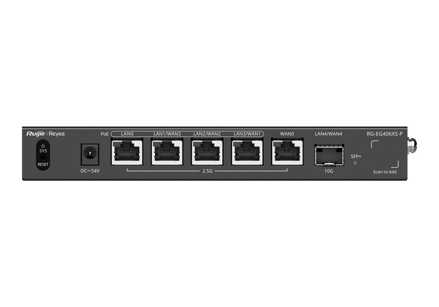 Router PoE Ruijie RG-EG406XS-P nhìn thẳng mặt trước, 5 cổng RJ45 và 1 cổng SFP+