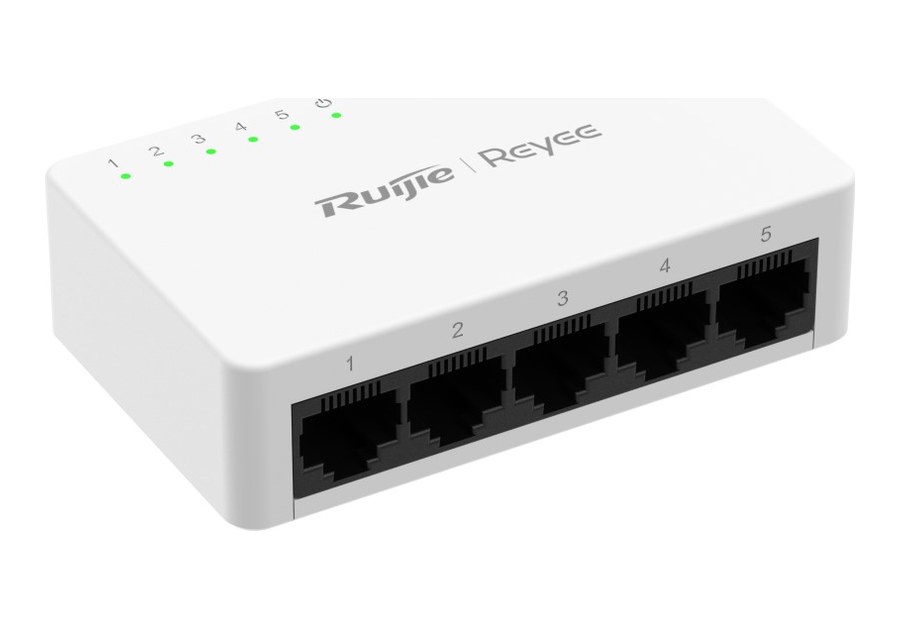 RG-ES05G-L nhìn nghiêng từ phía trước, thân 85 × 52 × 23,5 mm theo datasheet