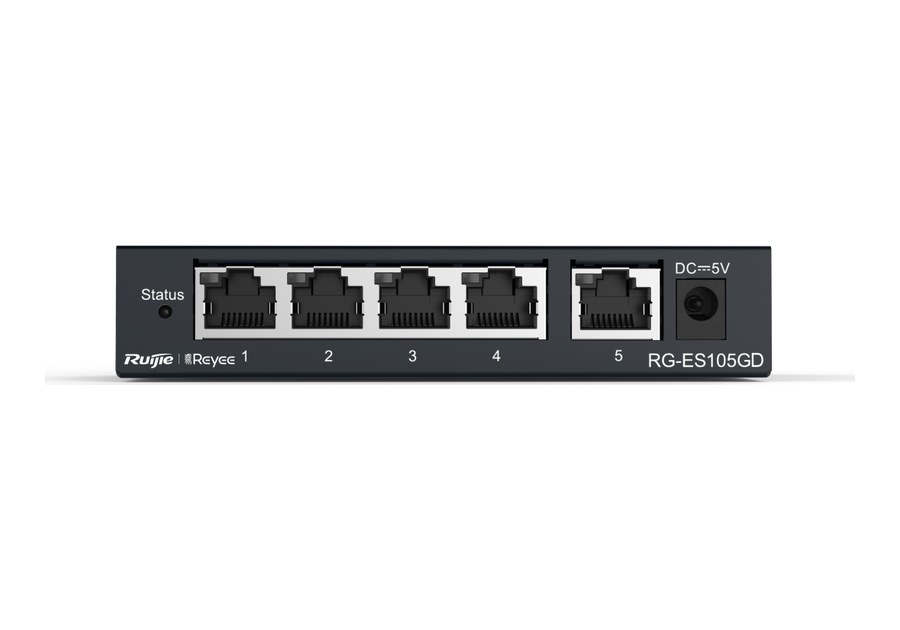 RG-ES105GD nhìn thẳng mặt trước, 5 cổng 10/100/1000BASE-T và đầu nguồn DC