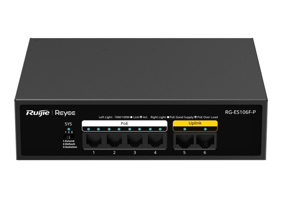 RG-ES106F-P nhìn thẳng phía trước, 6 cổng 10/100Base-T, cổng 1–4 có PoE