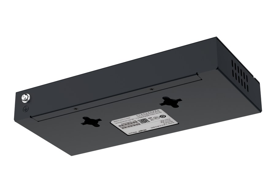 RG-ES108GD nhìn nghiêng từ dưới, mặt đáy có hai lỗ treo tường