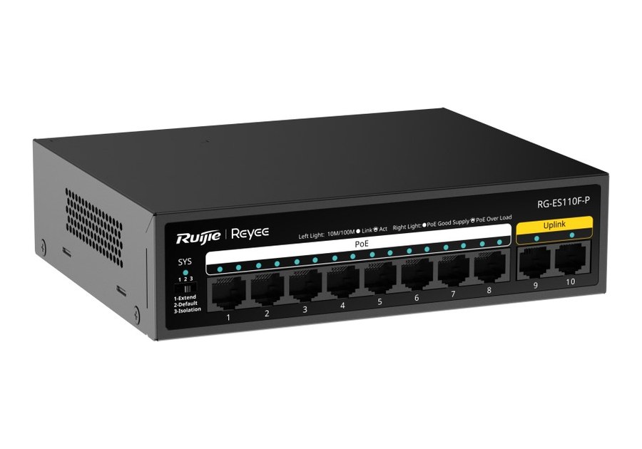 RG-ES110F-P nhìn nghiêng phía trước, thân 166 × 132,6 × 43 mm theo datasheet