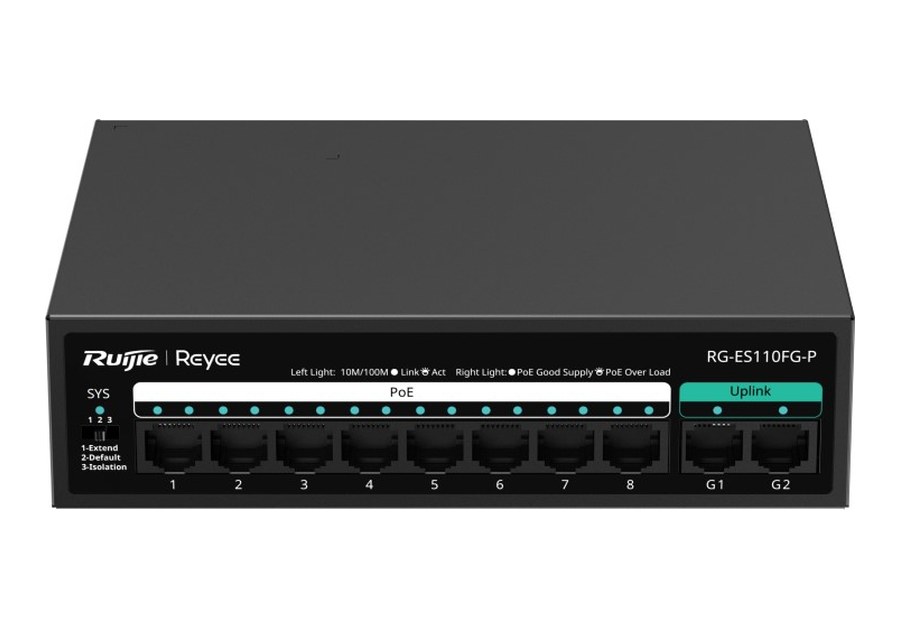 RG-ES110FG-P nhìn thẳng phía trước, 8 cổng 10/100 có PoE và 2 cổng G1, G2