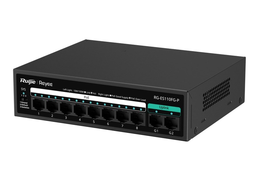 RG-ES110FG-P nhìn nghiêng, thân 166 × 132,6 × 43 mm theo datasheet