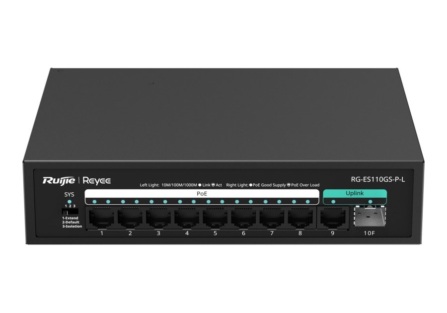 RG-ES110GS-P-L mặt trước nhìn thẳng, 9 cổng gigabit và 1 cổng SFP