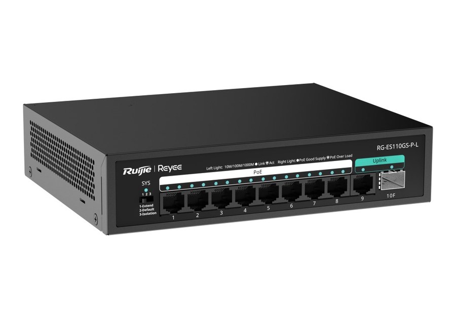 RG-ES110GS-P-L nhìn nghiêng, vỏ kim loại 190 × 150 × 43 mm theo datasheet