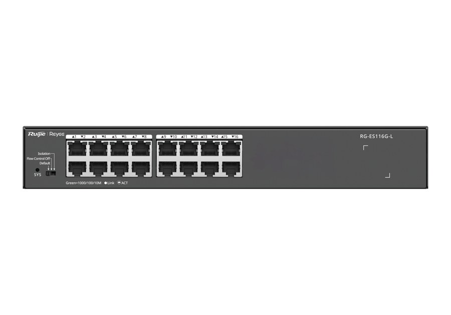 RG-ES116G-L nhìn thẳng mặt trước, 16 cổng gigabit và công tắc chế độ