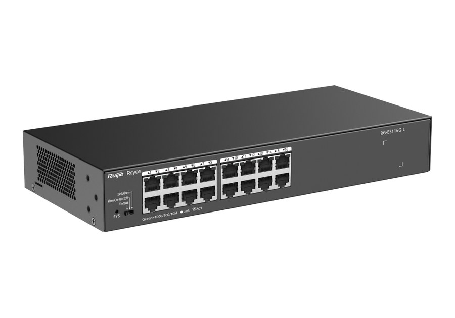 RG-ES116G-L nhìn nghiêng, thân 280 × 125 × 43,6 mm theo datasheet