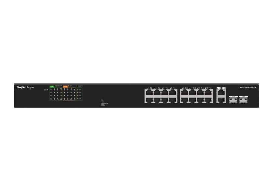 RG-ES118FGS-LP mặt trước, 16 cổng 10/100 có PoE và 2 cổng combo gigabit