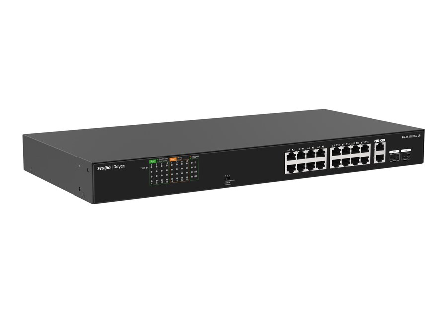 RG-ES118FGS-LP nhìn nghiêng, khổ 440 × 214,9 × 44 mm theo datasheet