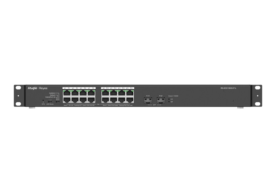 RG-ES118GS-P-L mặt trước nhìn thẳng, 16 cổng gigabit PoE và 2 cổng SFP
