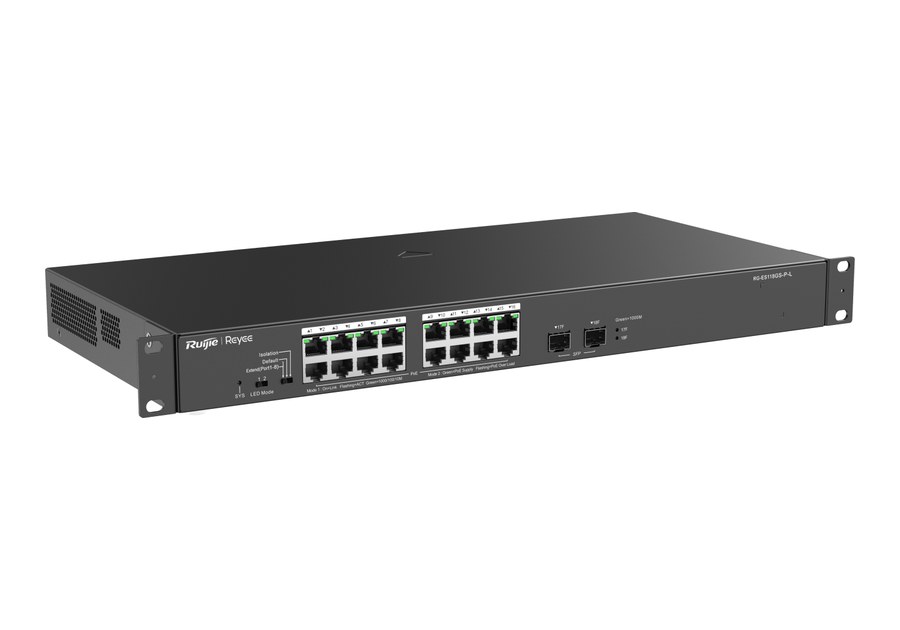 RG-ES118GS-P-L nhìn nghiêng, thân 440 × 214,9 × 44 mm có tai gắn tủ