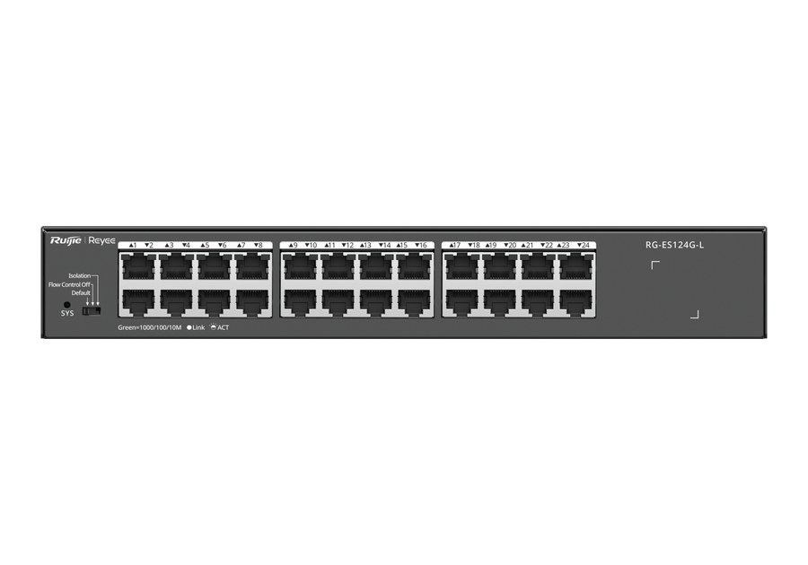 Mặt trước RG-ES124G-L, 24 cổng 1000/100/10Base-T và nút gạt chế độ