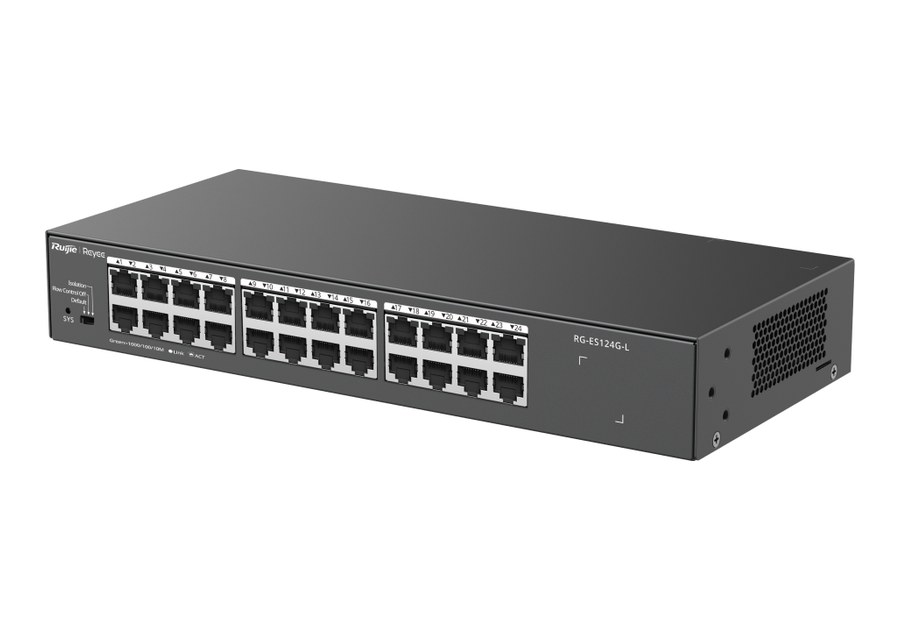 RG-ES124G-L nhìn nghiêng, kích thước 280 × 125 × 43,6 mm theo datasheet