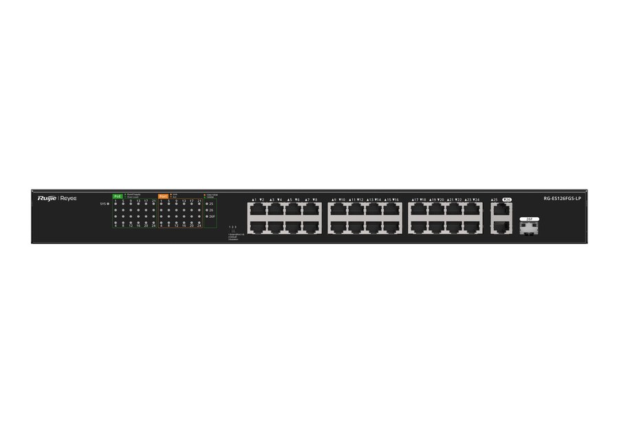 RG-ES126FGS-LP mặt trước nhìn thẳng, 24 cổng 10/100 PoE và 2 cổng gigabit