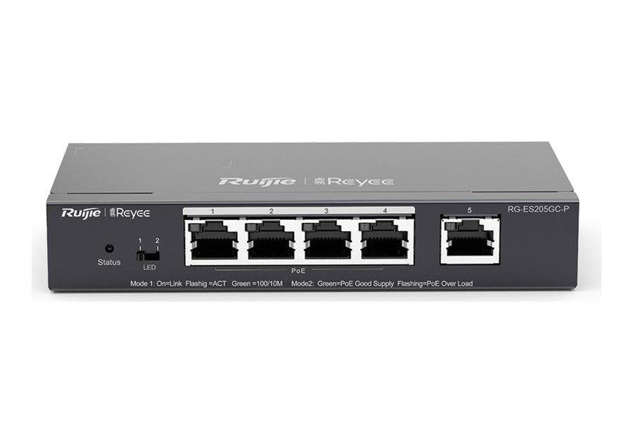 Mặt trước RG-ES205GC-P với 5 cổng gigabit, 4 cổng cấp PoE theo datasheet