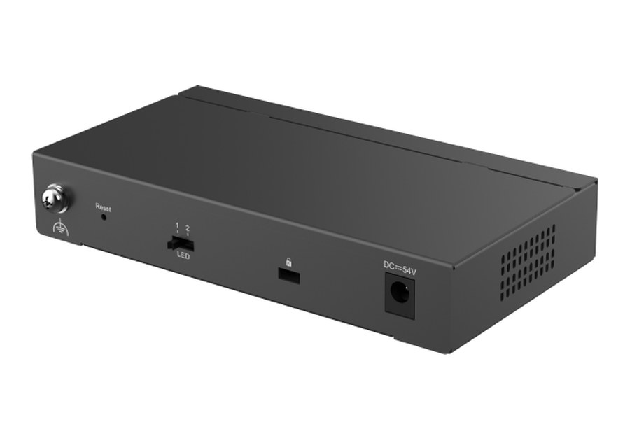 Mặt sau RG-ES206GS-P nhìn nghiêng với nút Reset và đầu cắm adapter