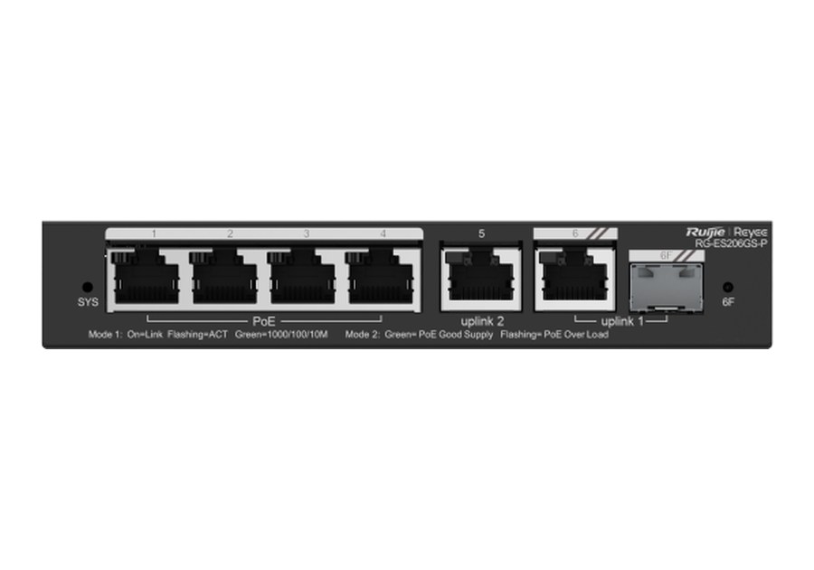 Mặt trước RG-ES206GS-P: 6 cổng RJ45 và khe SFP của cổng combo, ảnh hãng