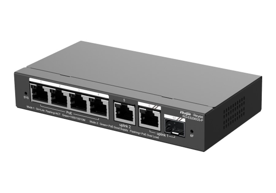 RG-ES206GS-P nhìn nghiêng từ phía trước, thân 148 × 78 × 26 mm theo datasheet