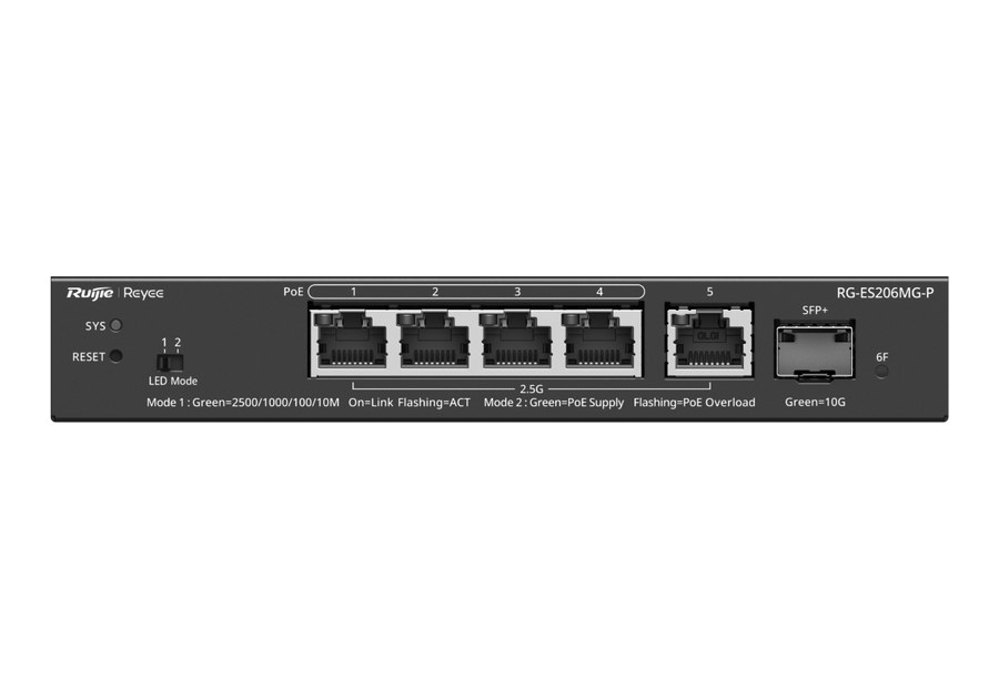 RG-ES206MG-P nhìn thẳng mặt trước: 5 cổng 10/100/1000/2500BASE-T và 1 cổng SFP+ 10GE