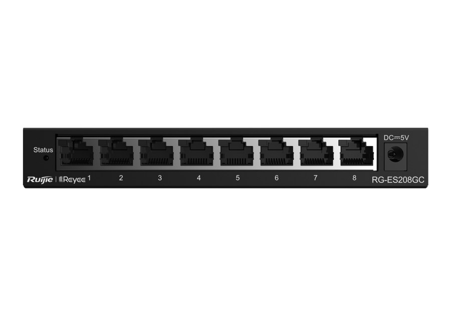 Mặt trước RG-ES208GC với 8 cổng 10/100/1000BASE-T, ảnh của Ruijie