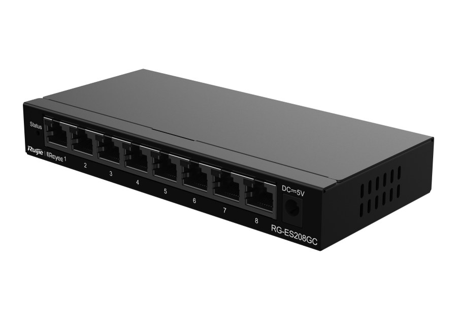 RG-ES208GC nhìn nghiêng phía trước, thân 160 × 75 × 24 mm theo datasheet