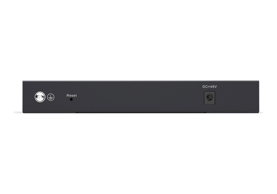 Mặt sau RG-ES209GC-P với đầu cắm nguồn DC và nút Reset, ảnh của Ruijie