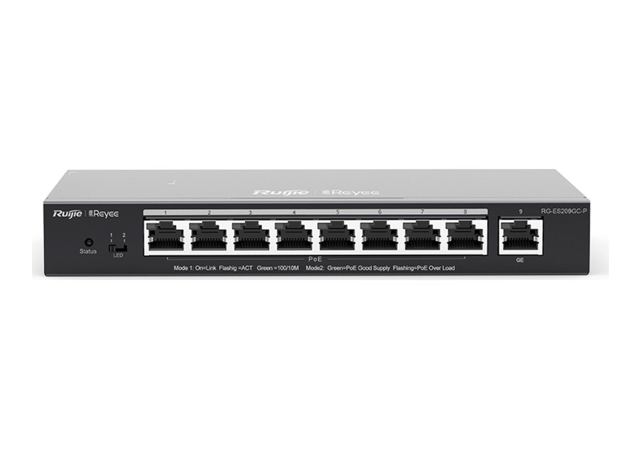 Mặt trước RG-ES209GC-P với 9 cổng gigabit, 8 cổng PoE/PoE+ theo datasheet