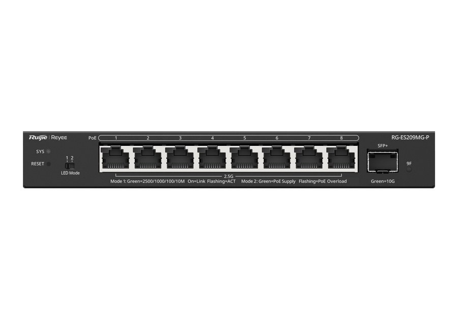 Mặt trước RG-ES209MG-P: 8 cổng RJ45 2.5G cấp PoE và 1 cổng SFP+ 10GE theo datasheet