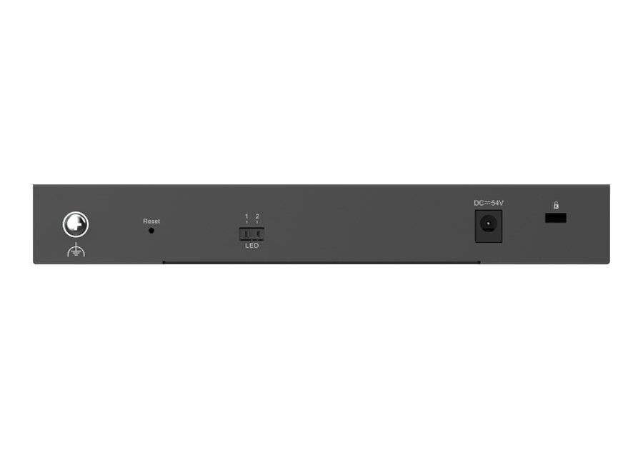 Mặt sau RG-ES210GS-P, máy dùng adapter rời 54 V DC theo datasheet
