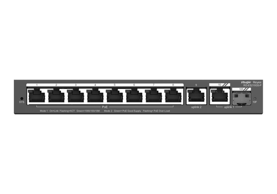 Mặt trước RG-ES210GS-P với 10 cổng RJ45 và khe SFP của cổng combo