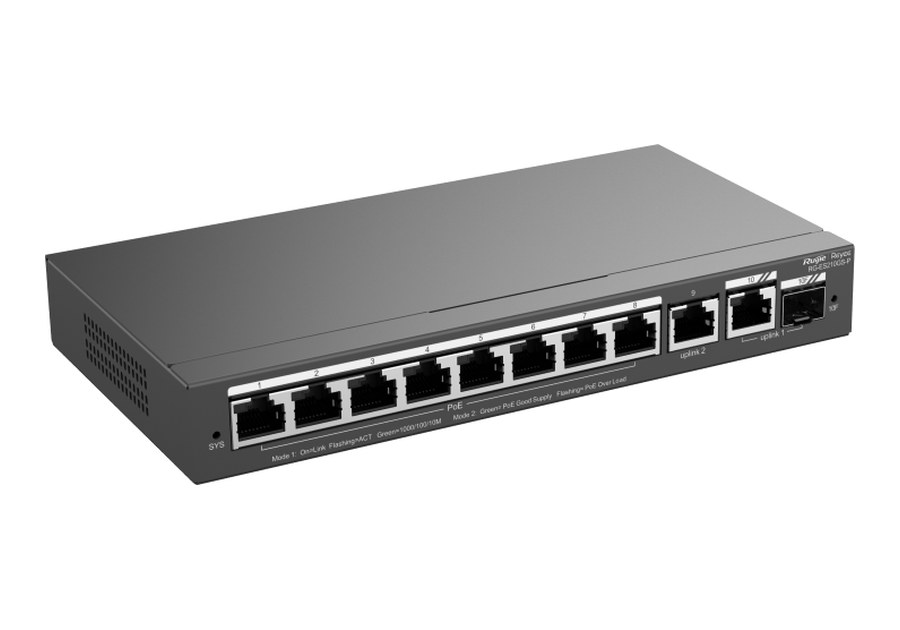 RG-ES210GS-P nhìn nghiêng phía trước, thân 202 × 108 × 28 mm theo datasheet