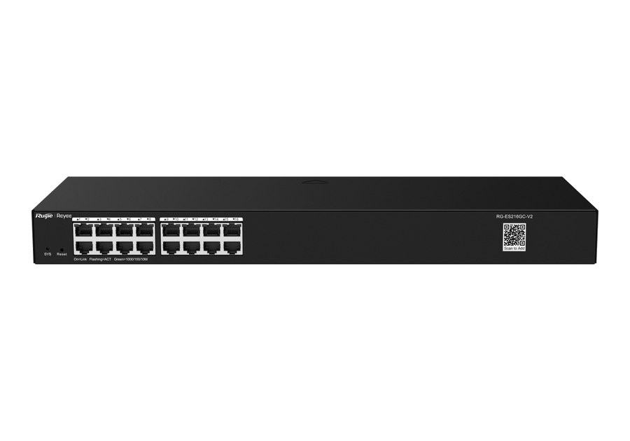 RG-ES216GC-V2 nhìn thẳng mặt trước với 16 cổng, ảnh hãng Ruijie