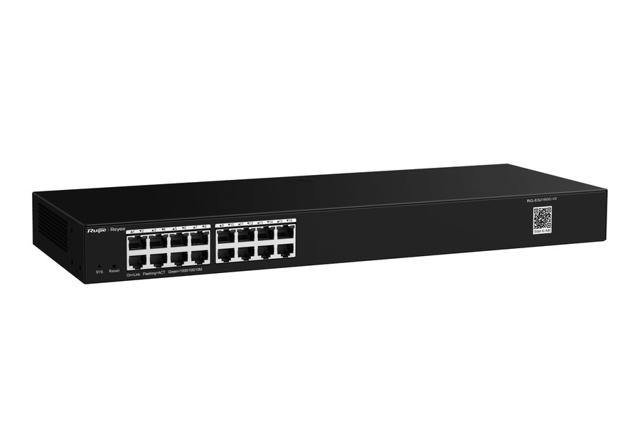 RG-ES216GC-V2 nhìn nghiêng, thân 440 × 165 × 44 mm theo datasheet