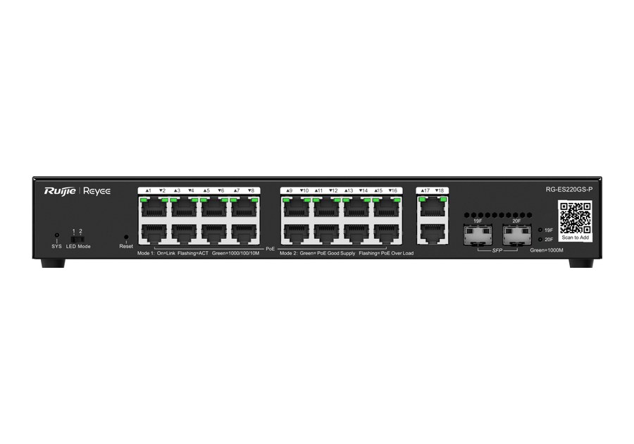 RG-ES220GS-P nhìn thẳng mặt trước: 18 cổng RJ45 gigabit và 2 cổng SFP 1GE theo datasheet