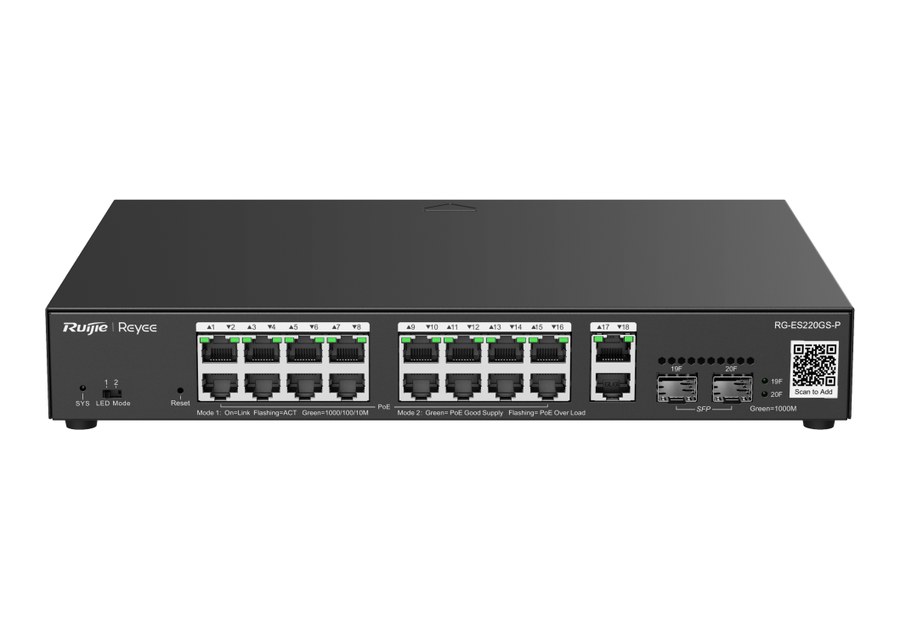 RG-ES220GS-P nhìn nghiêng, switch lắp rack 300 × 223 × 43,6 mm có 16 cổng PoE+