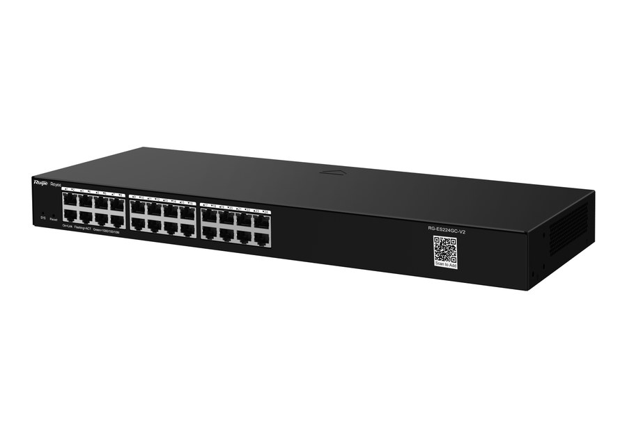 RG-ES224GC-V2 nhìn nghiêng từ phía trước, thân rack rộng 440 mm theo datasheet