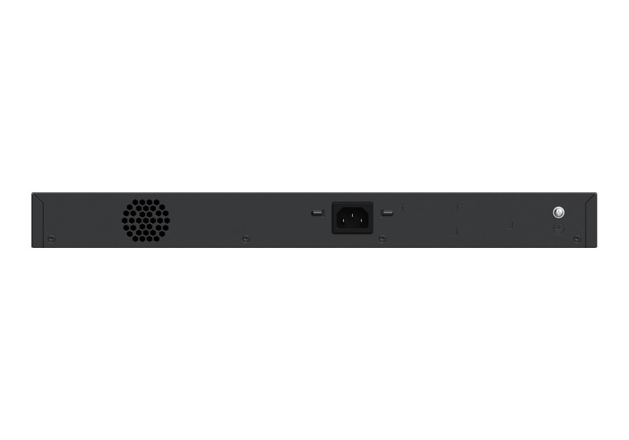 Mặt sau RG-ES228GS-P, nguồn cố định 100–240 V AC theo datasheet
