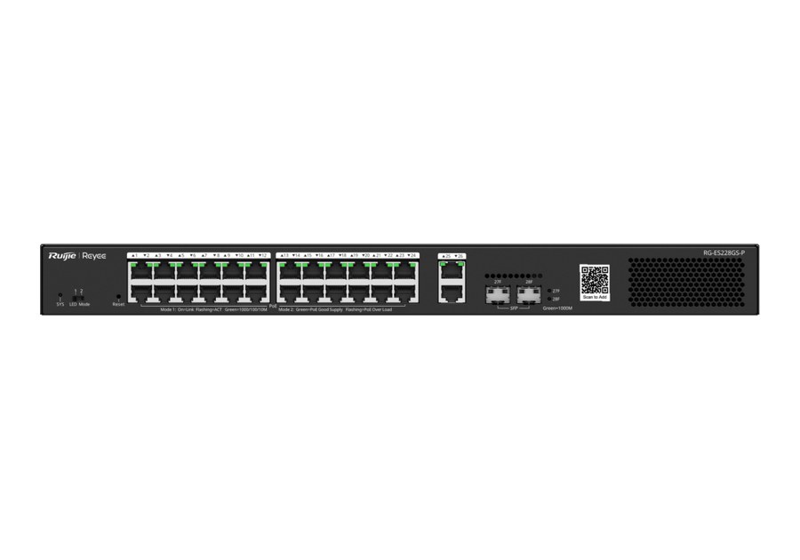 Mặt trước RG-ES228GS-P nhìn thẳng, 26 cổng RJ45 10/100/1000BASE-T và 2 cổng SFP 1GE