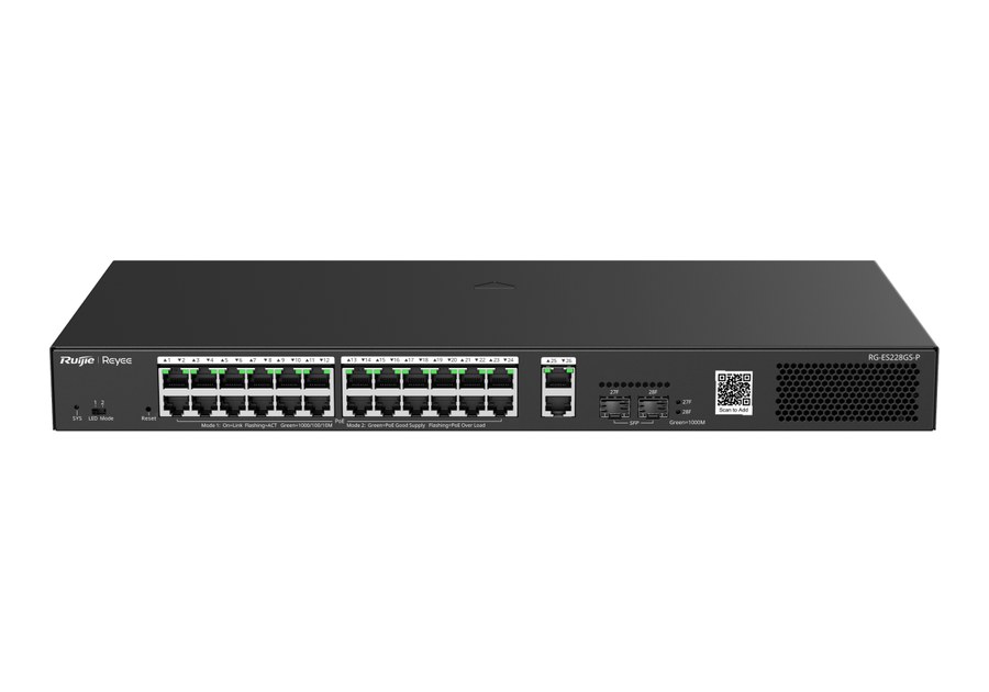 RG-ES228GS-P nhìn nghiêng phía trước, thân lắp rack rộng 440 mm theo datasheet
