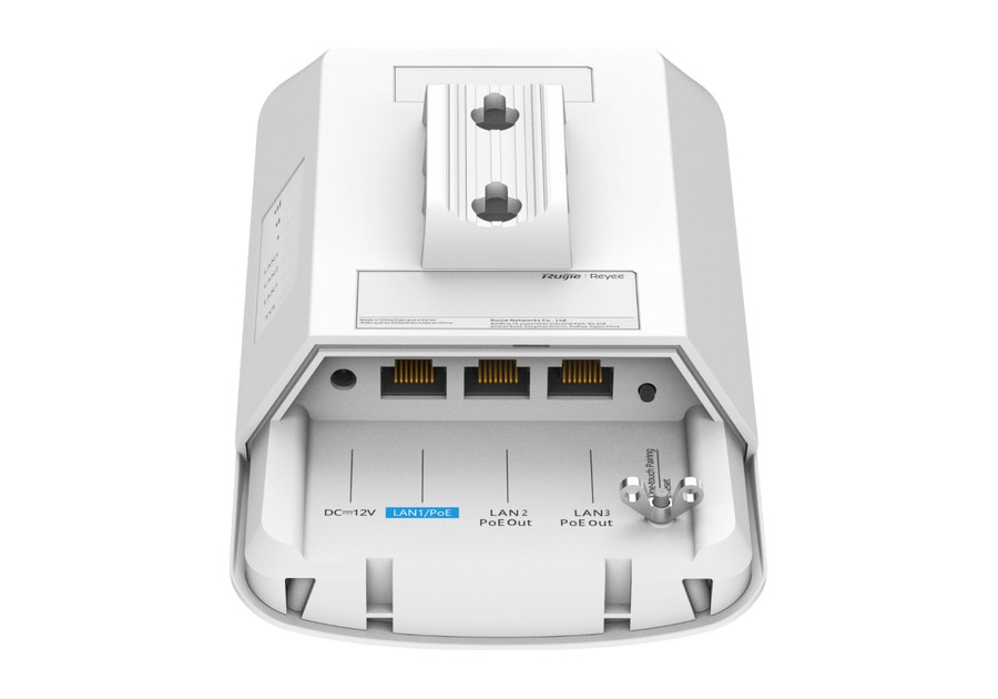 RG-EST330F-P nhìn từ phía dưới, nơi datasheet ghi 3 cổng 10/100BASE-T và jack DC