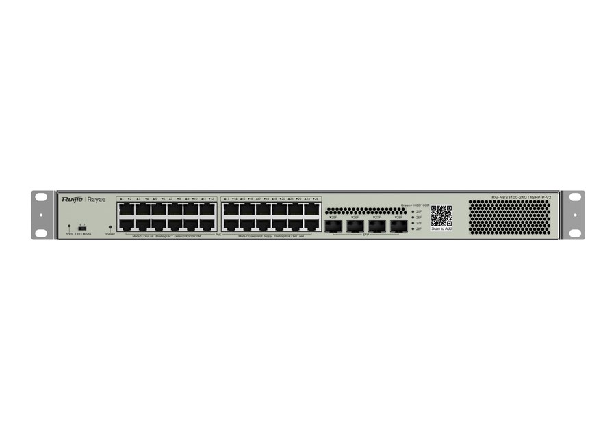 Mặt trước RG-NBS3100-24GT4SFP-P-V2: 24 cổng PoE/PoE+ gigabit và 4 cổng SFP 1GE