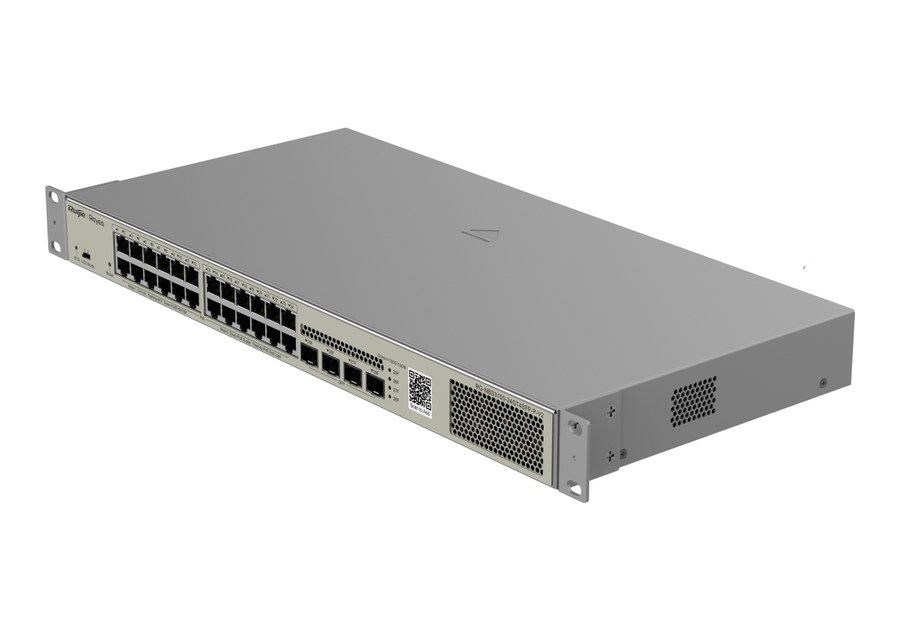 RG-NBS3100-24GT4SFP-P-V2 nhìn nghiêng, switch lắp rack rộng 440 mm, sâu 215 mm