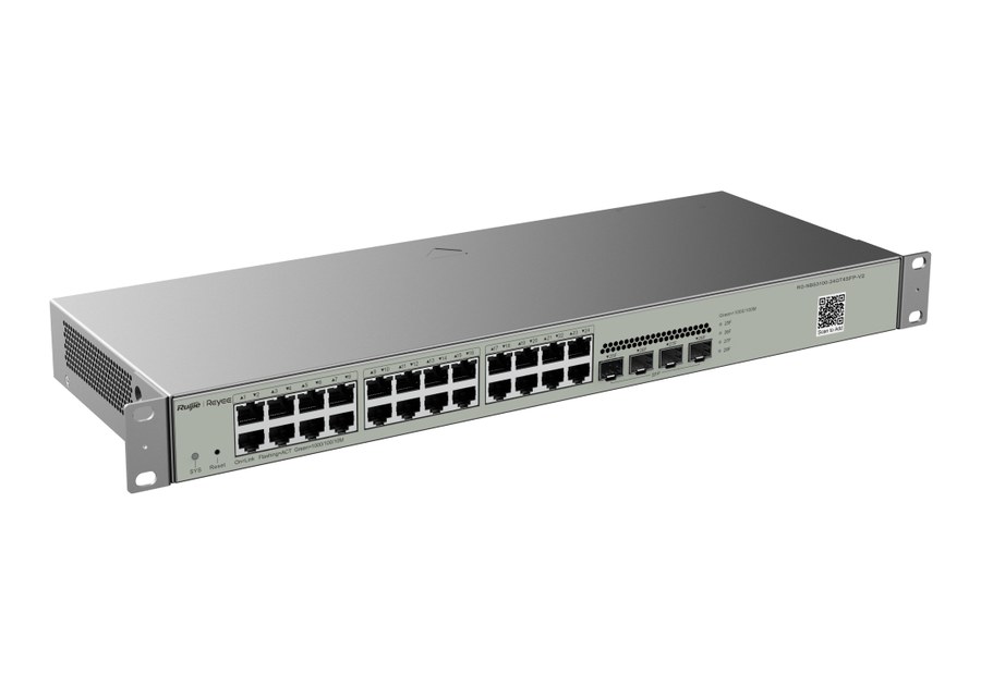RG-NBS3100-24GT4SFP-V2 với 24 cổng gigabit và 4 cổng SFP, góc nhìn nghiêng của hãng
